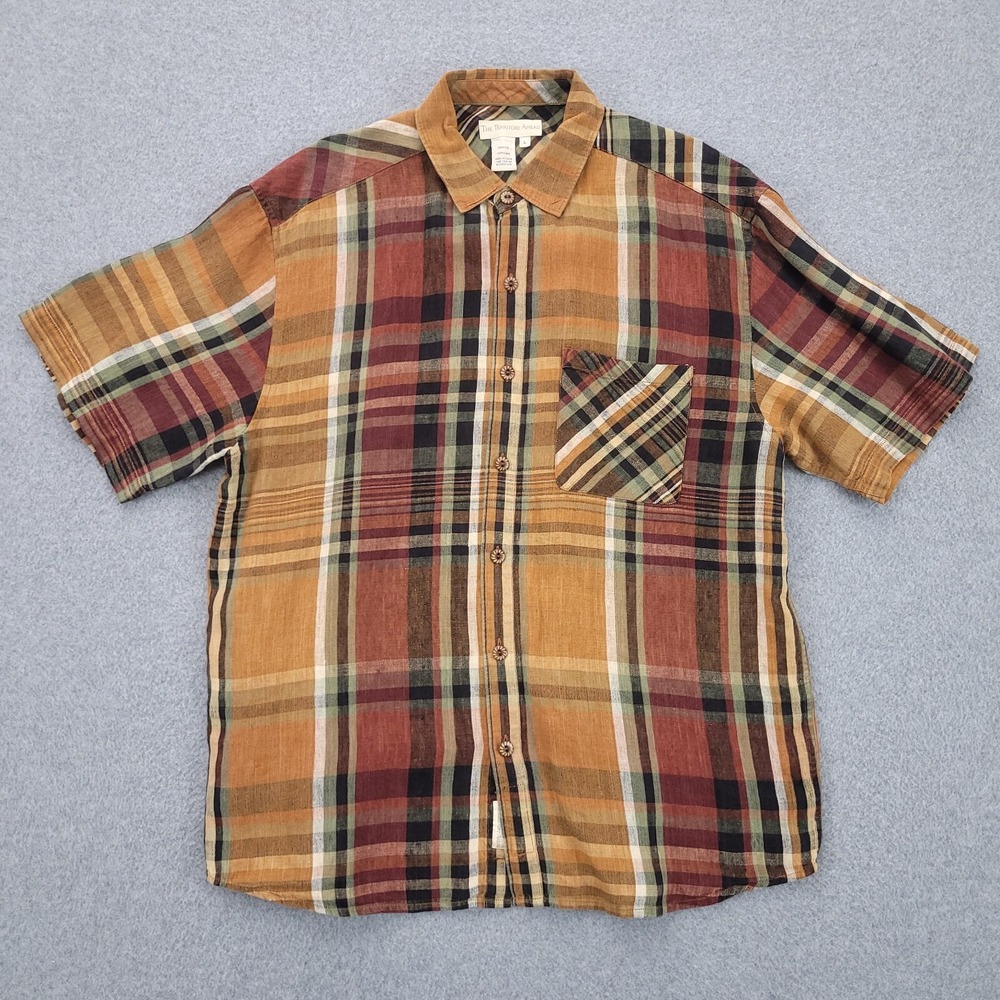Territory Ahead Linen Button Up Shirt Large Short Sleeve Brown Plaid Mens